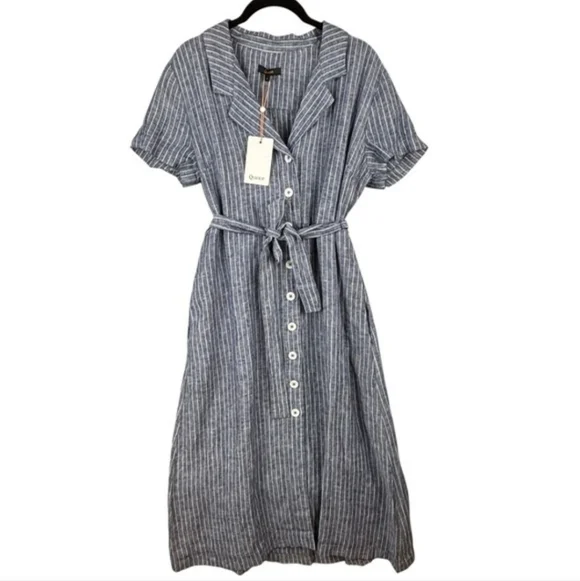 Quince 100% European Linen Dress Chambray Blue Stripe Button-Down Midi Medium - Picture 4 of 4